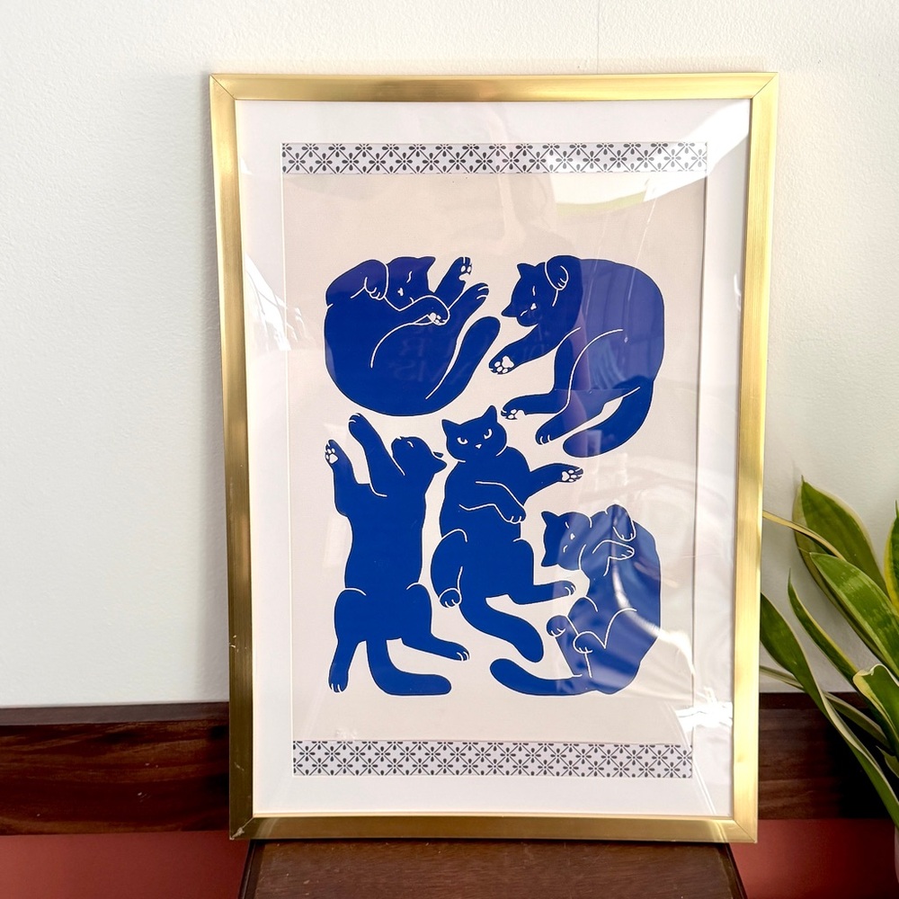 Sleepy Kitties Blue Cats Gold Acrylic Framed Art Canvas Print Wall Hanging Art